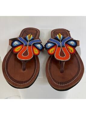 Beaded Leather Sandals Boho Festival Thong Flats Shoes Size 39 Multicolor W READ